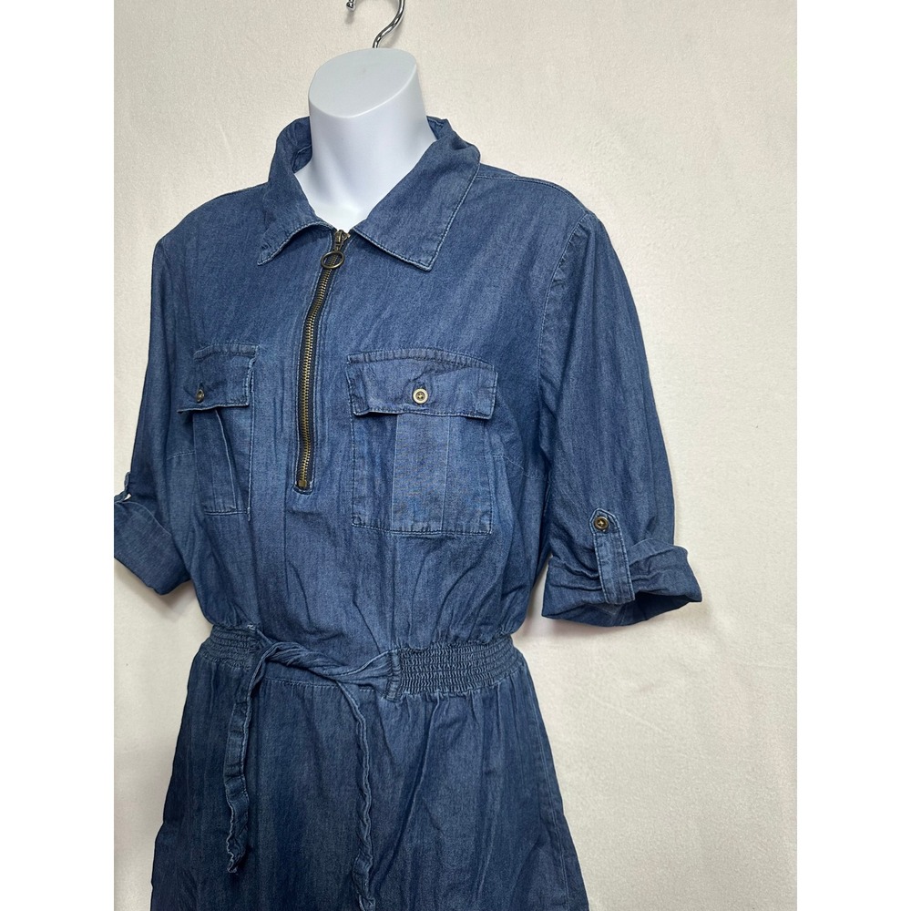 Millenium Blue Denim Shirt Dress XL Half Zip Short Sleeve Elastic Waist Tie Belt - Picture 3 of 10